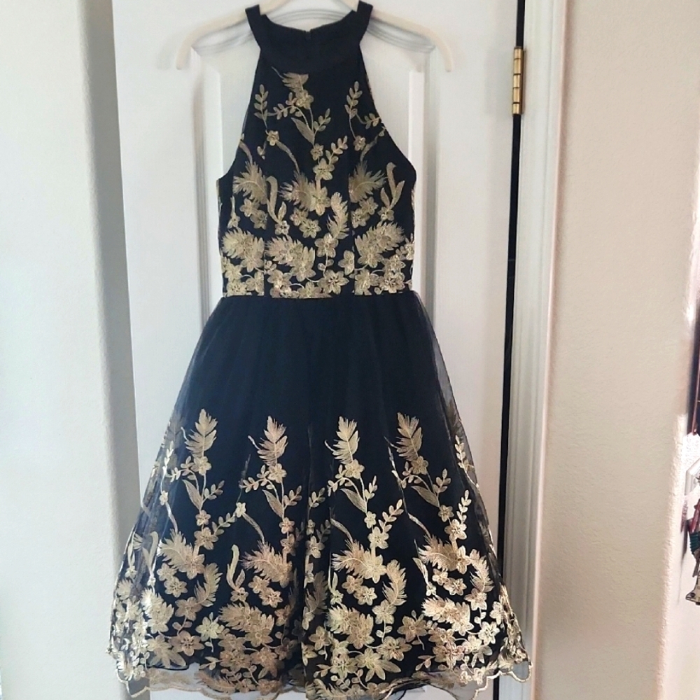 Chi Chi London Black and Gold A-line Halter Dress for Prom
